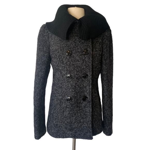 Steve Madden Wool Blend Short Gray Black Pea Coat w Pockets Removable Hood Sz M - Picture 2 of 13